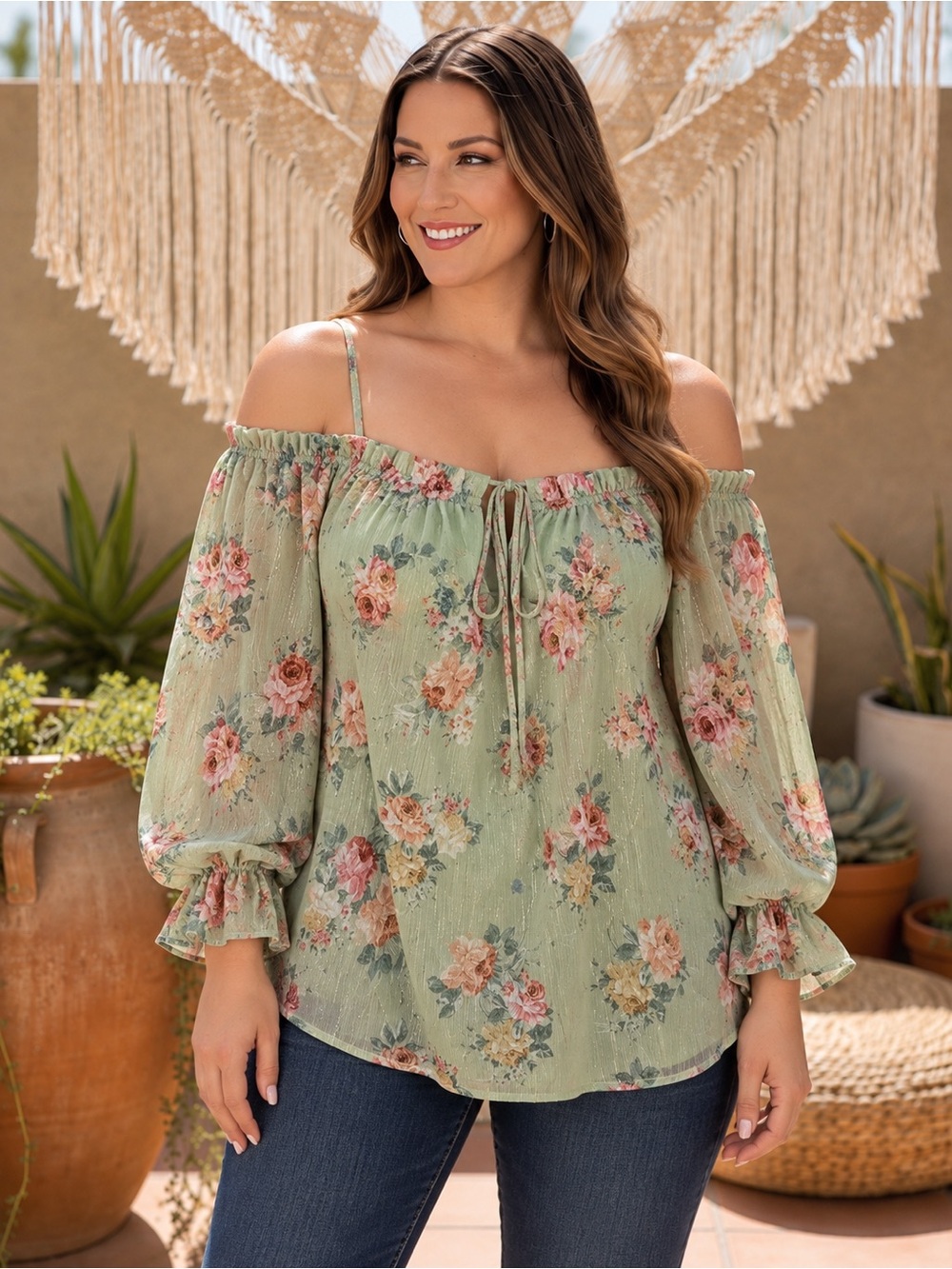 NWOT Lumiere Sage Green Floral Off-Shoulder Blouse Size Large